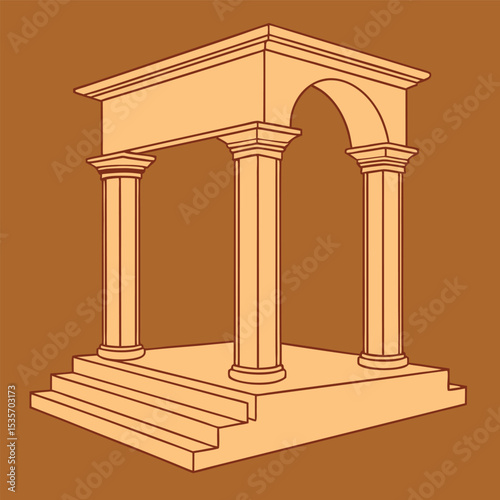 Architectural Drawing of a Classical Style Pavilion with Columns and Arched Opening on a Brown Background Isometric View with Steps