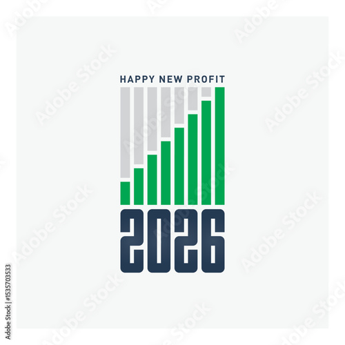 Happy New Profit 2026 business growth chart with rising green bars showing financial success and revenue symbolizing business achievement and financial prosperity ahead. New Year profit growth concept