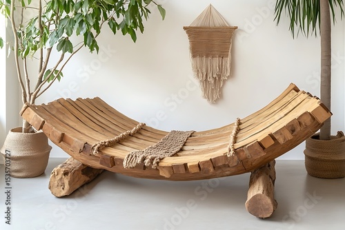 Rustic Wooden Bench with Boho Wall Hanging and Plants