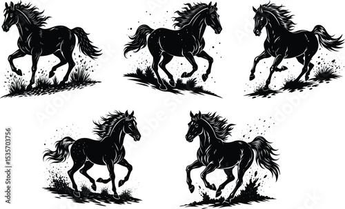 Five Black Horses Running Silhouettes Wild Nature