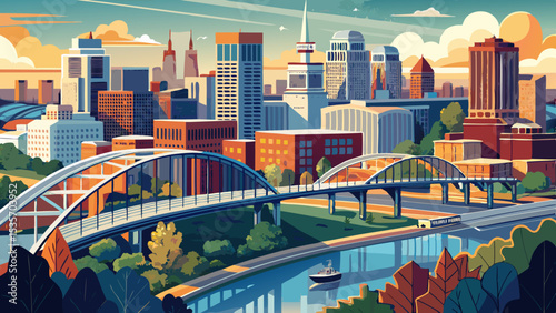 Aerial Panorama of Nashville Skyline with Pedestrian Bridge and Riverfront .Very beautiful