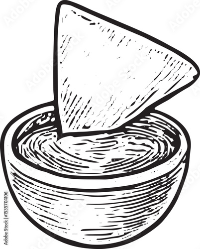This detailed hand-drawn sketch showcases a classic Mexican dish with a bowl of creamy guacamole and a tortilla chip, perfect for culinary designs, restaurant menus, or cultural artwork. 