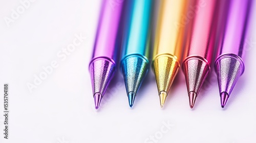 A row of vibrant plastic pens is arranged neatly on a white background