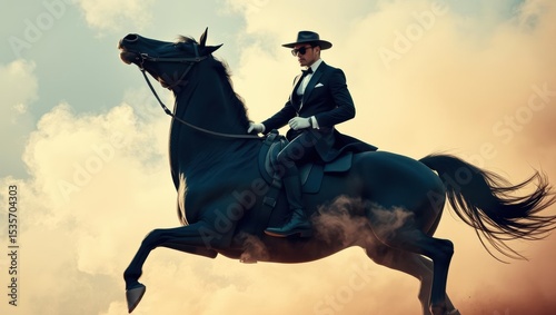 Elegant man riding black horse at sunset with dramatic clouds photo