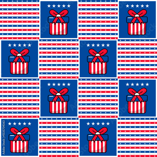 Patriotic Gift Box Celebration Seamless Pattern with American Flag Theme