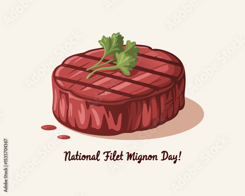Vector style clipart of one filet mignon on a white plate with a rosemary leaf and more steaks next to it, on a beige background. National Filet Mignon Day.
