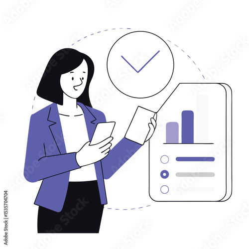 Smiling woman in blue blazer examines mobile device near a data report