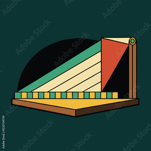 Abstract Geometric Composition with Retro Colors and Shapes Featuring a Stage or Platform with Stripes and a Triangular Element Isolated on a Dark