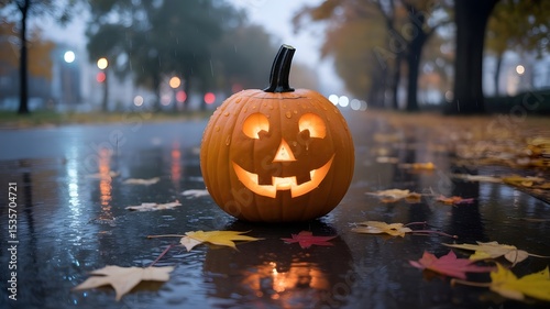 Glowing Jack-o'-Lantern in Foggy Rain. ai image.