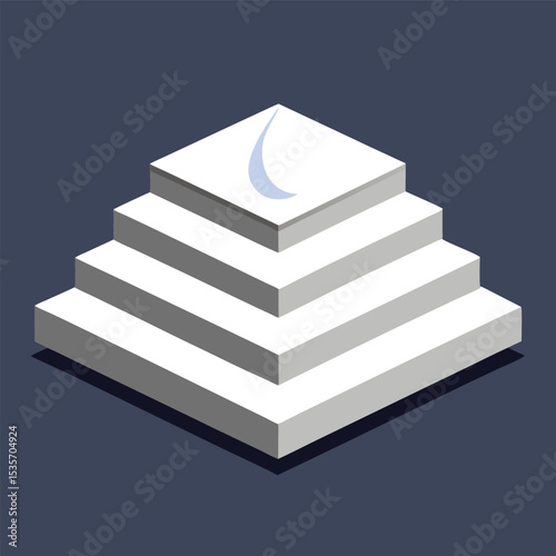 Isometric White Staircase or Pyramid with Blue Crescent Shape on Top on a Dark Blue Background Simple and Minimalist