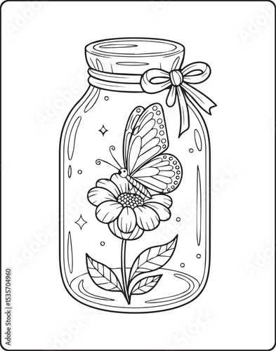 A butterfly on a flower in a jar beauty scenery vector line art coloring page for kids and adults