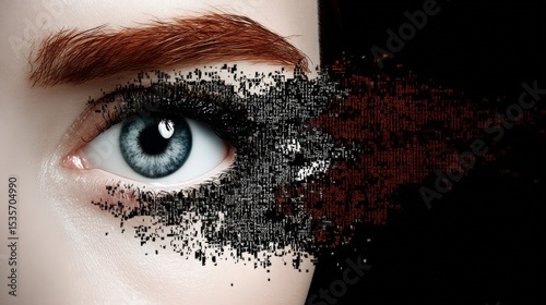 Close-up of a woman's eye with artistic digital pixelation effect on the face photo