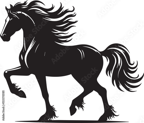 Elegant black horse silhouette depicting graceful movement and exquisite beauty on white background
