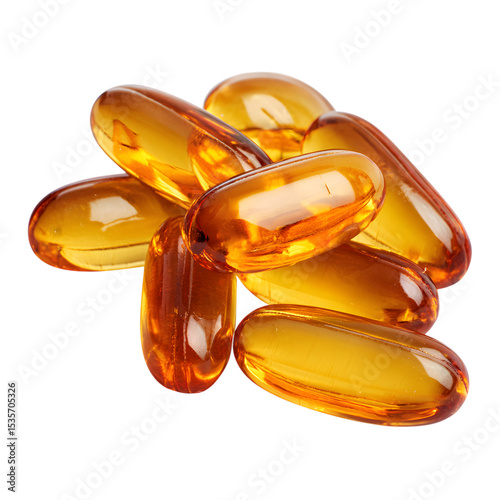 Pile of translucent golden gel capsules highlighting vitamins and supplements for health and wellness concepts