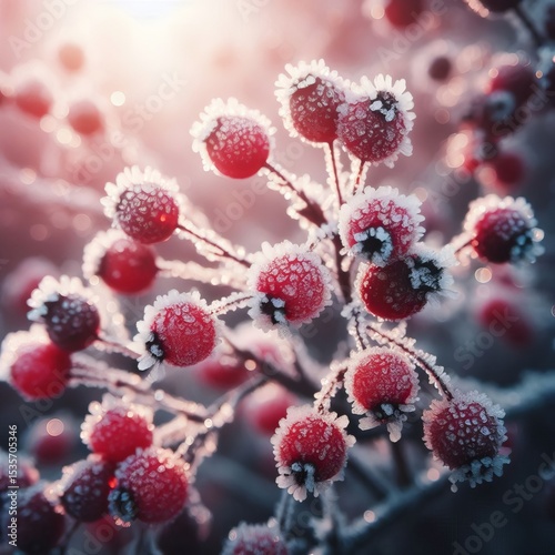 Frost on a Berry Bush Tiny ice crystals coating red berries glis