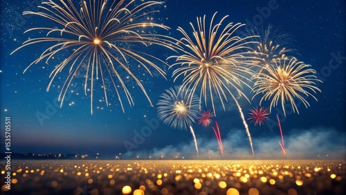 Wallpaper Mural Golden Fireworks Night Festive Celebration Composition with Glittering Bokeh, Fireworks Display, Night Sky Fireworks, Celebration Torontodigital.ca