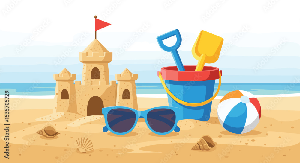 Naklejka premium Fun Beach Day Essentials Sandcastle Bucket Spade Ball Sun Shells and Sunglasses Relax