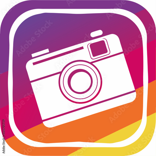 Here's a concise sentence to describe the image:

A vector camera icon symbolizing digital photography equipment or a web media button