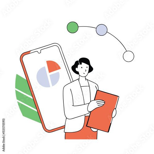 Elegant African American woman reviews pie chart on smartphone holding folder closely