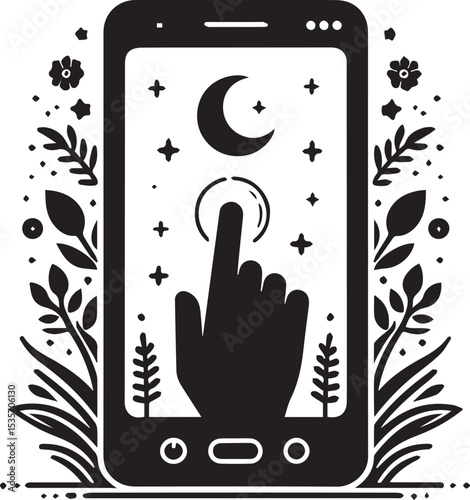 Silhouette illustration of a hand touching a moon symbol on a smartphone screen surrounded by floral elements