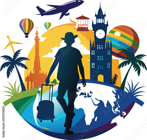 Silhouette traveler explores world landmarks with suitcase and globe in colorful vector illustration