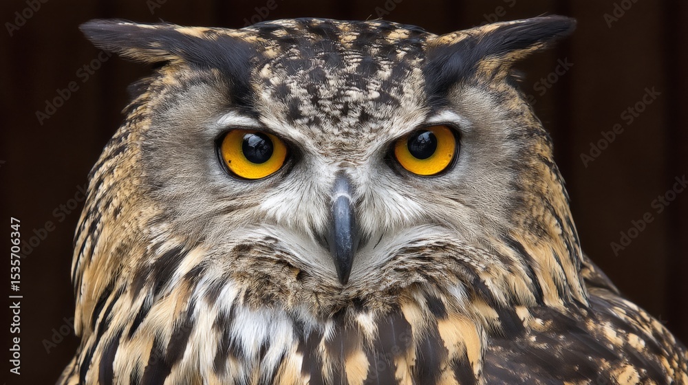 Fototapeta premium Close-up of a majestic owl with piercing yellow eyes and detailed feather patterns