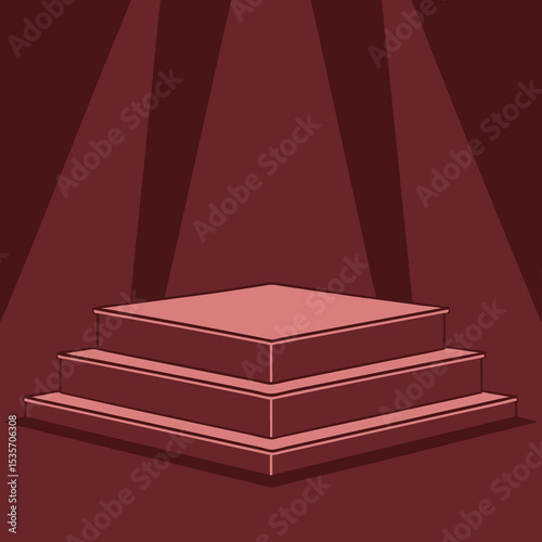 Three Tiered Stage Platform with Spotlight in Maroon Color Ideal for Product Display Presentation or as a Background for Graphic Design Projects