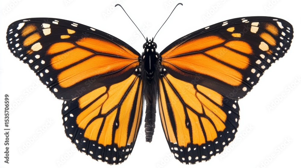 Fototapeta premium A monarch butterfly is shown resting in a side view against a white background