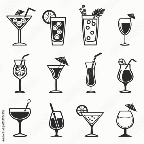 Various glass illustrations of alcoholic beverages and cocktails perfect for any party or bar design