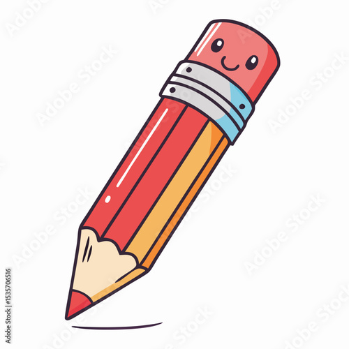 Cute Cartoon Pencil Drawing, Happy Red Pencil Illustration