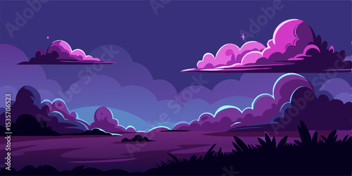 Purple Sunset Landscape: Cartoon Cloudscape Illustration