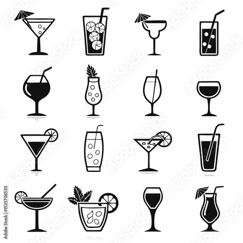 Colorful vector icons of cocktail and wine glasses for bar beverages