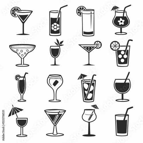 A vibrant vector illustration set of diverse alcoholic and non-alcoholic drinks, including cocktails, wine, beer, and juice, perfect for bar and restaurant icons