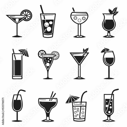 A vector set of alcoholic and non-alcoholic drinks, including cocktails, beer, and juice, perfect for bar and restaurant designs