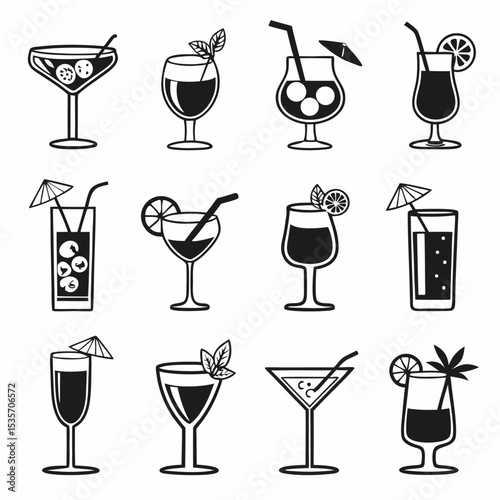 A diverse set of alcoholic beverages including cocktails, wine, and beer in various glasses and bottles, perfect for a bar or party illustration