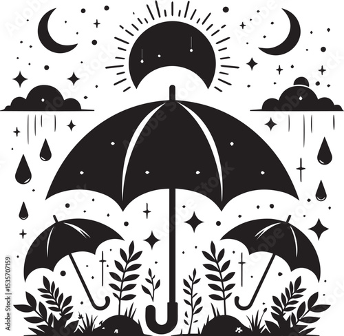 Whimsical black and white illustration of umbrellas rain stars moon and nature elements
