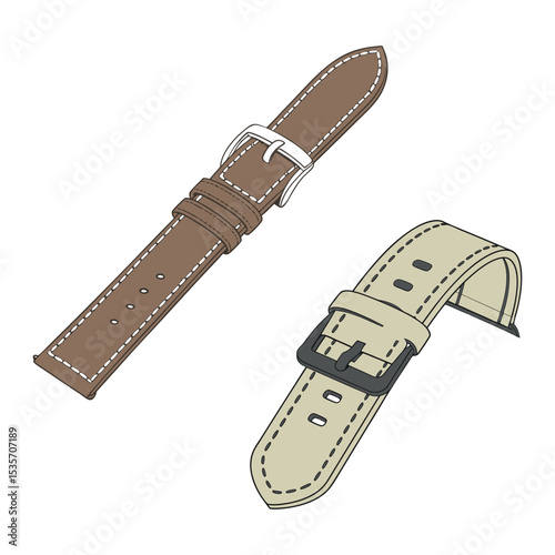 Two leather watch straps, brown and beige, isolated on white background