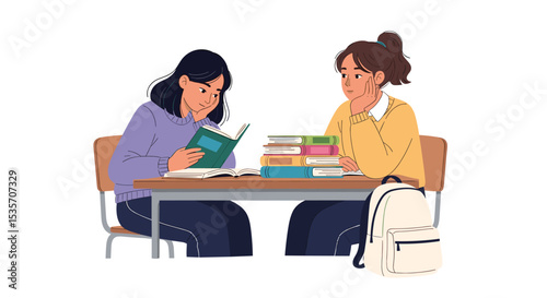 Two young students are sitting at a table studying with books and backpacks