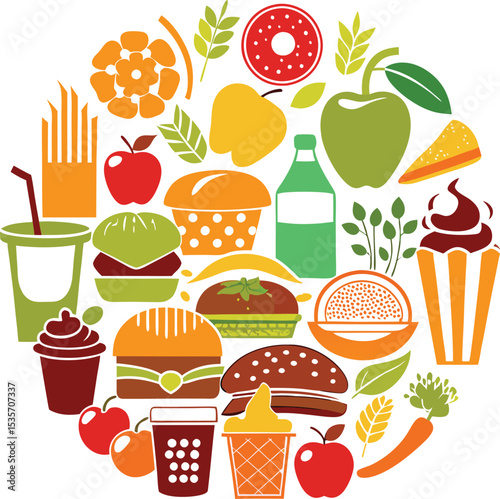 A colorful arrangement of various food items in a circular graphic design