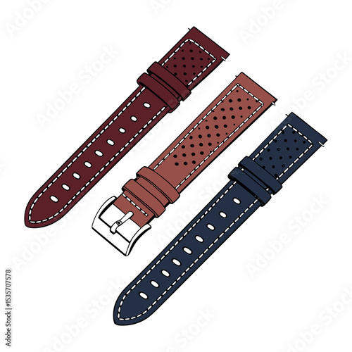 Three perforated leather watch straps, isolated on white background