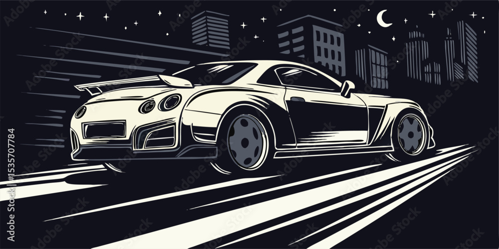 Obraz premium Fast Sports Car Driving at Night in City