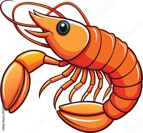 Cartoon illustration of a vibrant orange shrimp on a white background for design and use