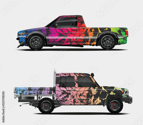 Two Pickup Trucks with Colorful Abstract Floral Wraps