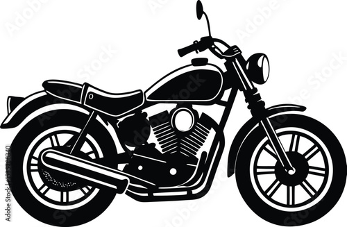 Classic motorcycle illustration in black and white featuring detailed engine and design elements