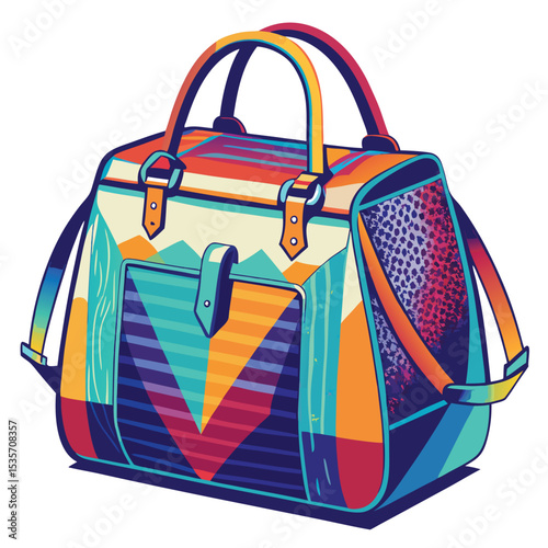 Colorful abstract illustration of a stylish geometric travel bag design on white background