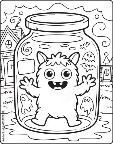 Cute monster with halloween elements in a jar beauty scenery vector line art coloring page for kids and adults