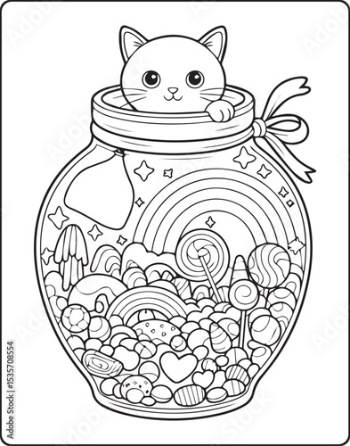 Cute cat with chocolates in a jar beauty scenery vector line art coloring page for kids and adults