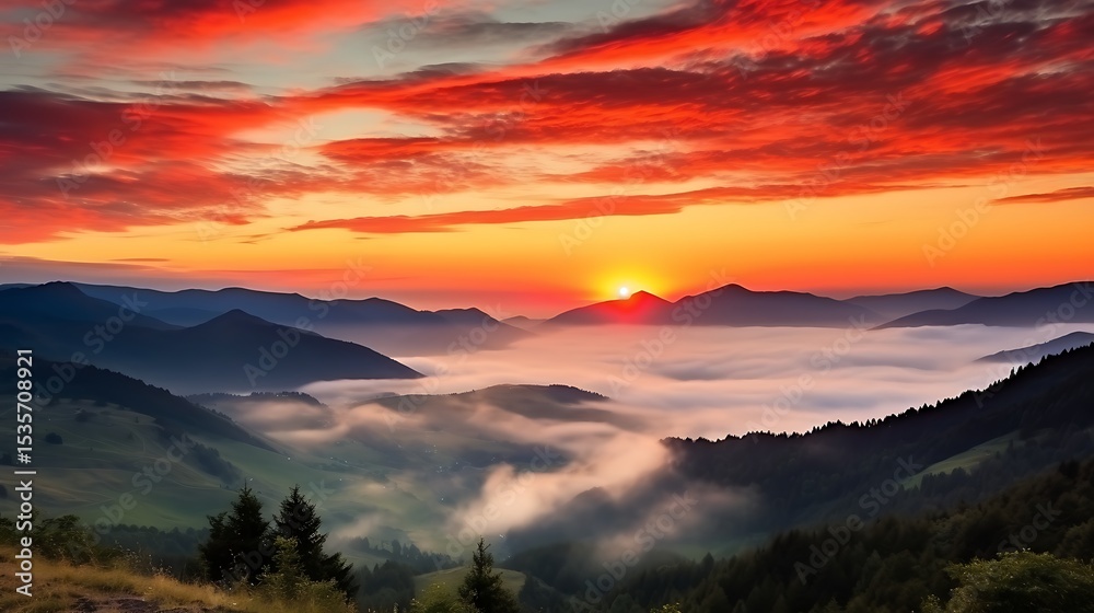 Obraz premium A breathtaking sunrise with intense orange and red clouds stretching across the sky, the Carpathian peaks in silhouette, mist clinging to the valleys, the sun just emerging over the horizon.