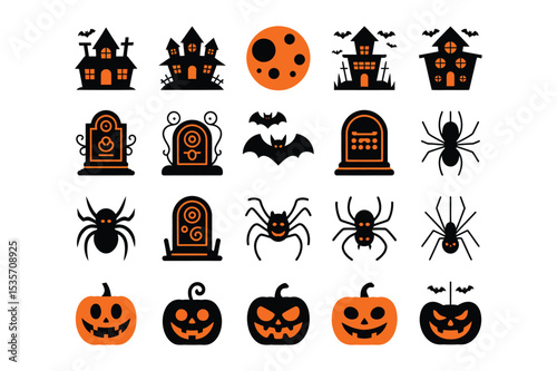 Halloween Icons Set – Haunted House, Pumpkins, Spiders, Bats and Tombstones