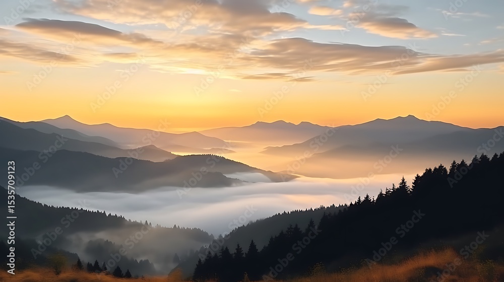 Obraz premium A breathtaking view of silhouetted Carpathian mountains bathed in warm golden sunlight, the sky filled with soft pink and peach hues.